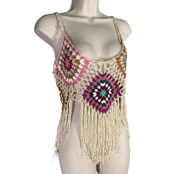 Women's Multicolor Crochet Boho Tassel‎ Crop Cami Tank Top Size M Festival - Picture 1 of 7
